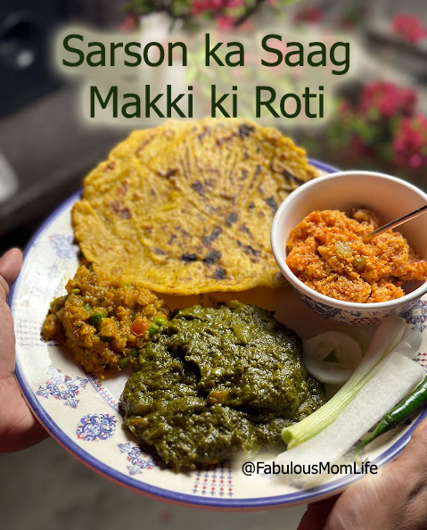 Makki ki Roti with Sarson ka Saag served with Gajar ka Halwa and Shalgam (Shaljam/Turnip) bharta