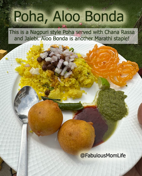 Nagpur style Poha served with Chana Rassa with Jalebi and Aloo Bonda - another Maharashtrian breakfast staple