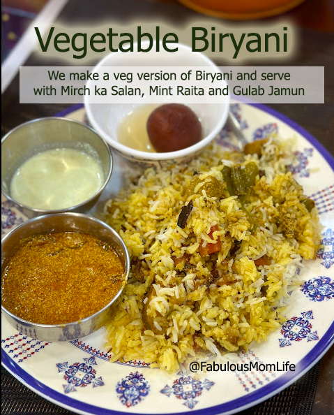 vegetable biryani with mint raita, mirch ka salan and gulab jamun